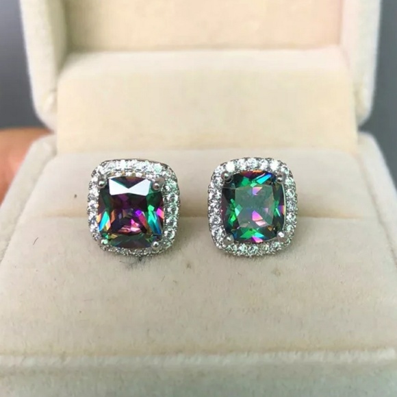 Rainbow Mystic Topaz Diamond Halo Stud Earrings - Picture 4 of 7